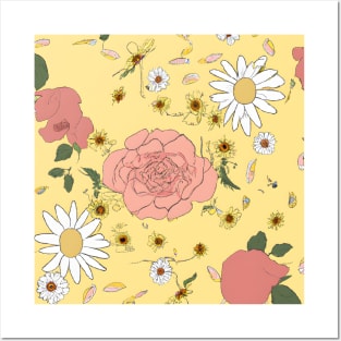 Delicate Hand-Sketched Flowers: Vintage Wallpaper with Daisies and Roses on Yellow. Posters and Art